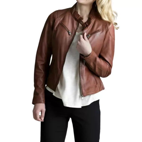 Women Brown Body Fitted Motorcycle Leather Jacket