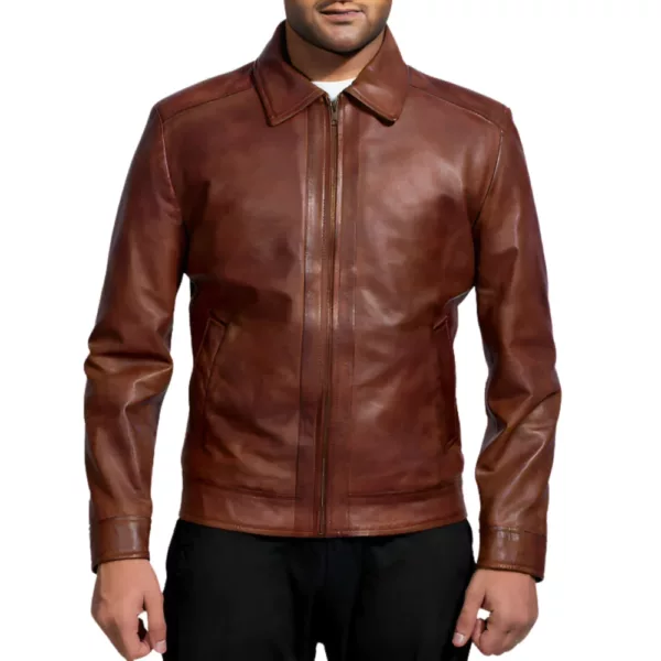 Mens Cafe Racer Retro Brown Leather Jacket