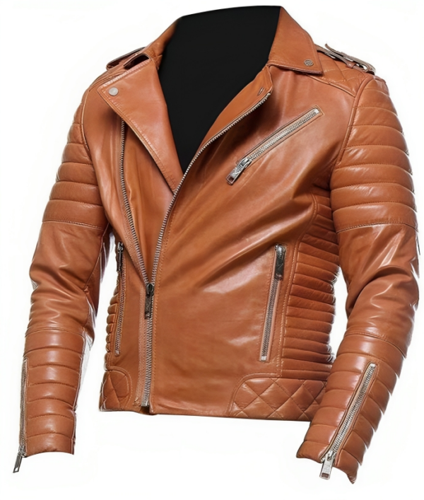 Mens Cafe Racer Quilted Moto Style Tan Biker Leather Jacket