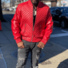 Men Quilted Casual Varsity Red Bomber Leather Jacket
