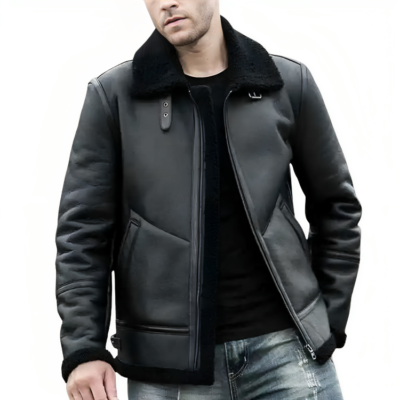 Men’s Black Shearling Leather Coat with Turn-Down Collar Winter Warm Jacket