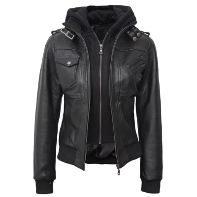Women Black Leather Bomber Jacket
