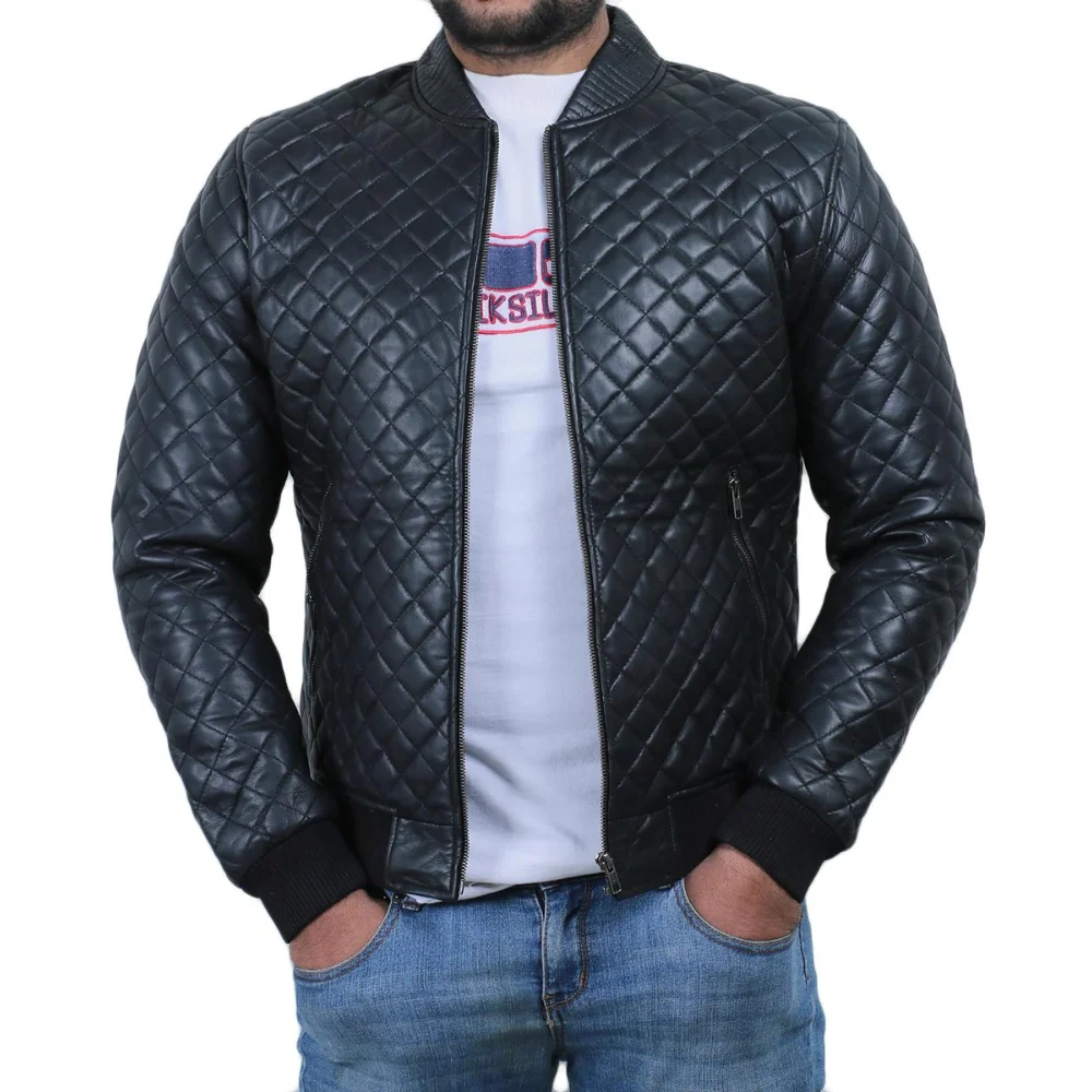 Men's Black Motorcycle Diamond Quilted Leather Jacket