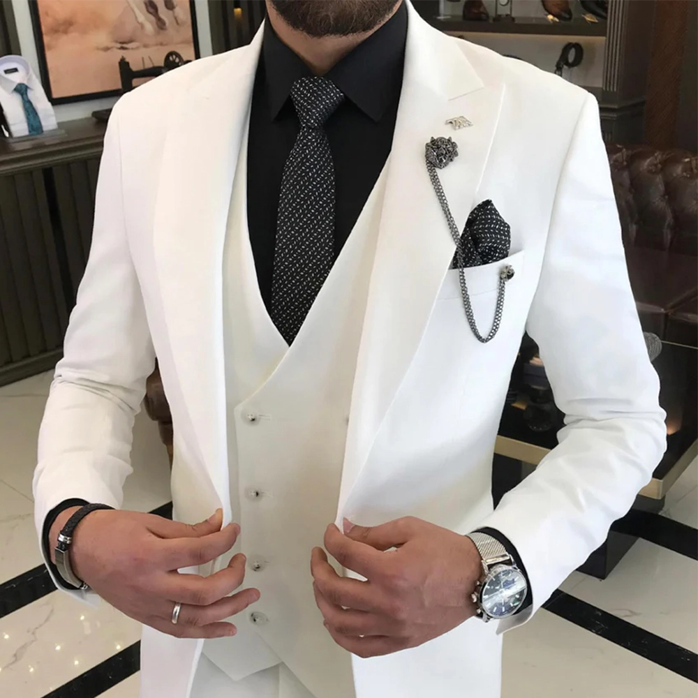 Mens White Three Piece Slim Fit Tuxedo Suit for Wedding