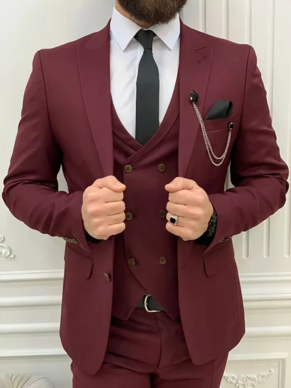 Men's Burgundy 3 Piece Formal Wedding Suit