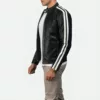 Mens Black Cafe Racer Leather Jacket With White Stripes