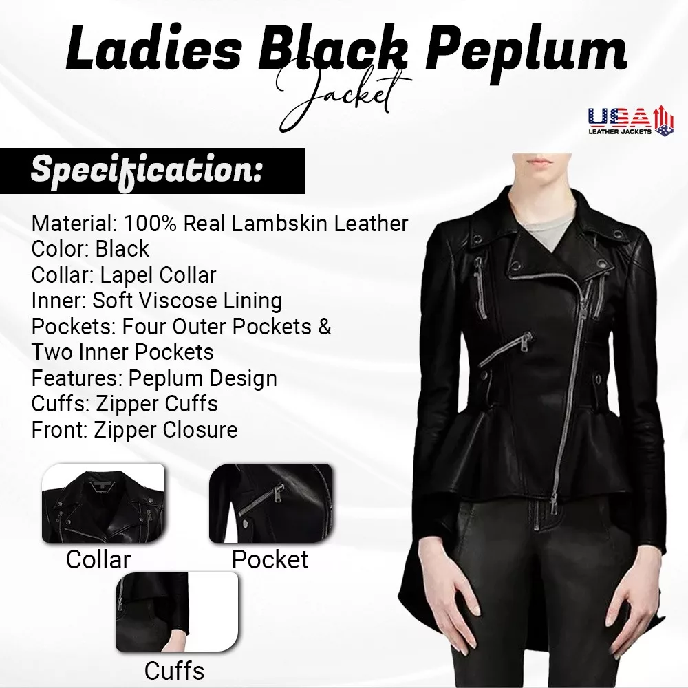 Black Peplum Leather Jacket For Women