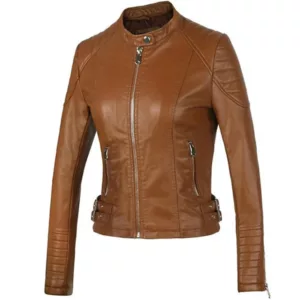 Cognac Leather Cafe Racer Jacket