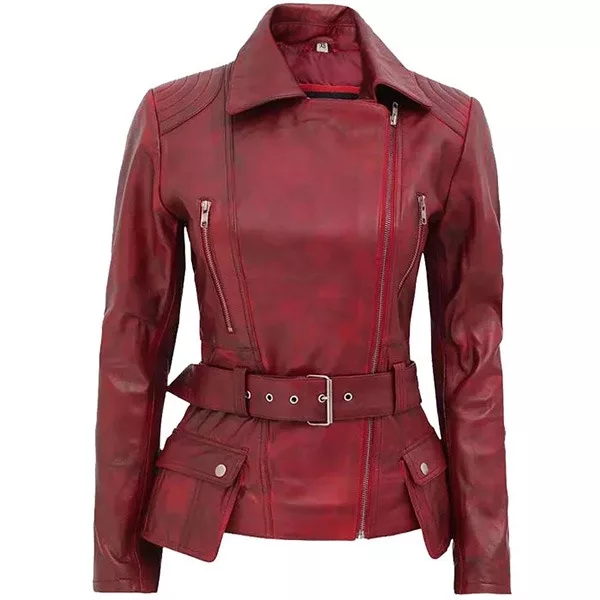 Women's Maroon Belted Moto Leather Jacket