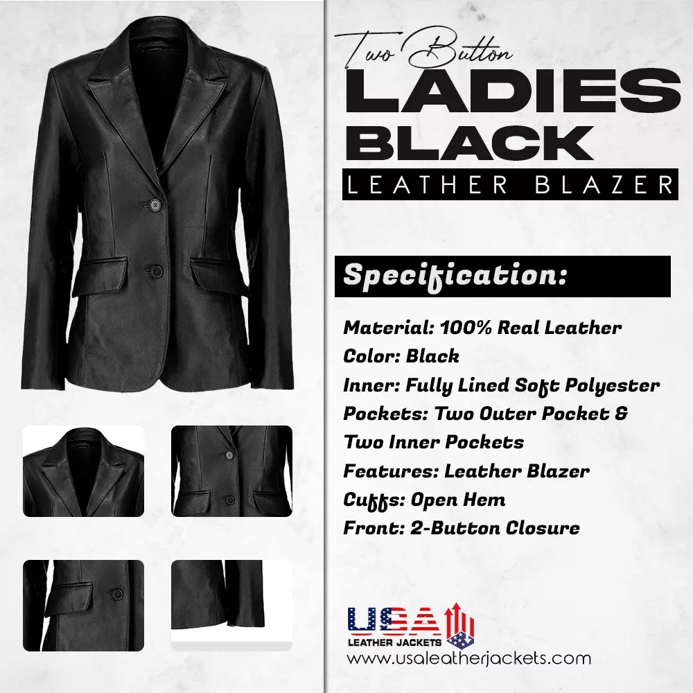 Ladies Black Leather Blazer Two Button
