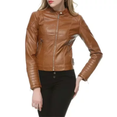 Womens Cognac Brown Cafe Racer Leather Jacket