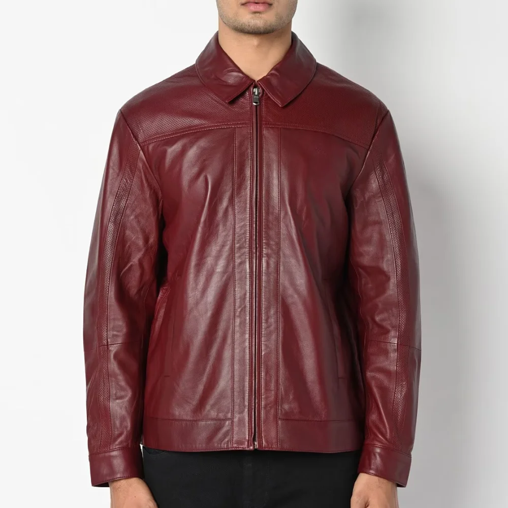 Plain Red Leather Zipper Jacket