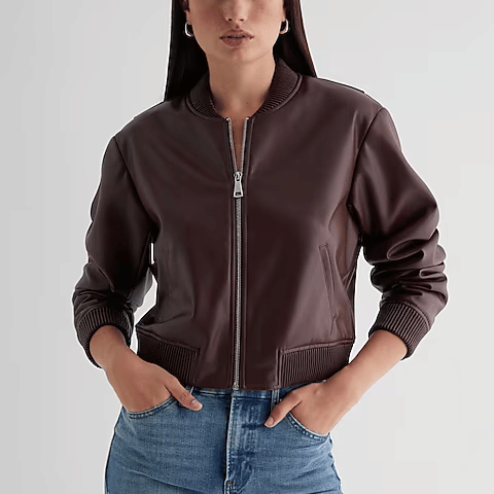 Maroon Leather Bomber Jacket | Leather Cropped Bomber Jacket for Womens