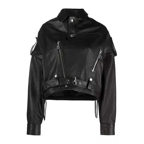 Black Cropped Leather Biker Jacket Womens