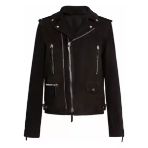 Black Moto Suede Leather Jacket For Men