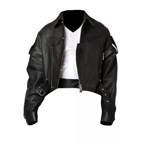 Detachable Sleeve Black Leather Jacket