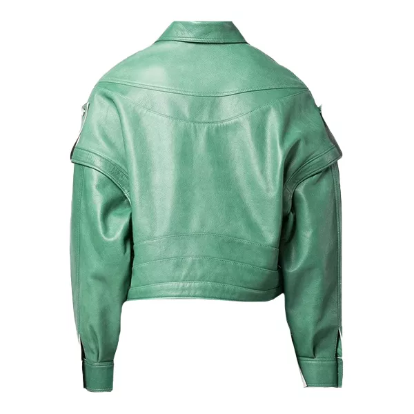 Womens Green Leather Biker Jacket Detachable Sleeve