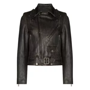 Distressed Effect Leather Biker Jacket