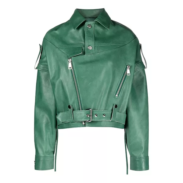 Womens Green Leather Biker Jacket Detachable Sleeve