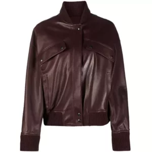 Maroon Bomber Leather Jacket Womens