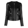Womens Black Leather Jeans Jacket With Zip Closure