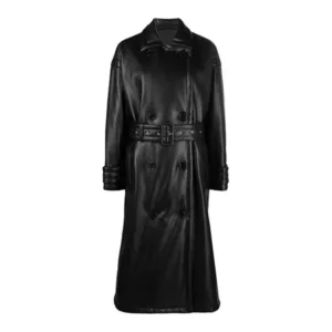 Womens Black Leather Trench Coat Double Breasted