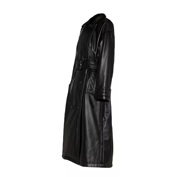 Womens Black Leather Trench Coat Side