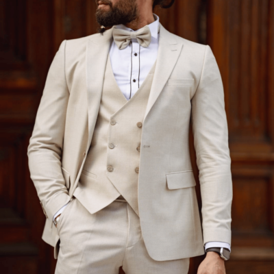 Modern Fit Beige Peak Lapel Linen Tuxedo For Men