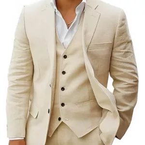 Mens Tuxedo 3 Piece Cream Beige Linen Suit 4