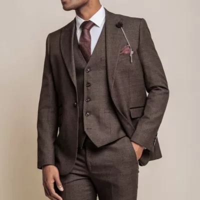 Mens Tweed Three Piece Brown Wedding Suit