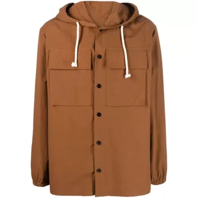 Brown Hooded Cotton Men's Shacket Jacket | Over Shirt Jacket