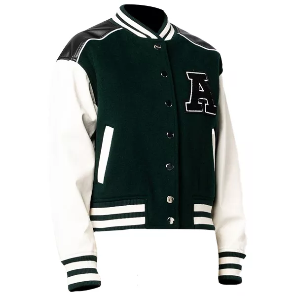 Womens Green and White Varsity Jacket Baseball Style