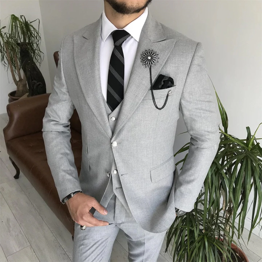 Groomsmen Suits Dark Gray Suit 2020 Mens Wedding Suits Light Grey Tuxedo  With Black Lapel, image size:1000x1000