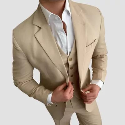 Mens Linen Three Piece Light Brown Suit