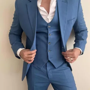 mens three piece blue linen suit
