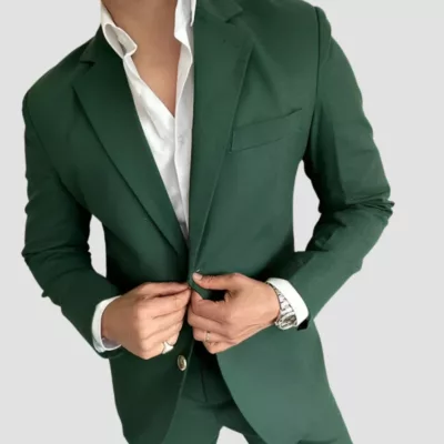 Mens Two Piece Green Linen Suit