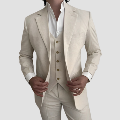 Three Piece Linen Cream Suit Mens