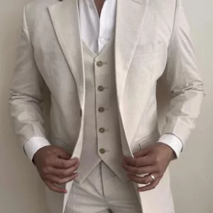 three piece linen cream suit mens