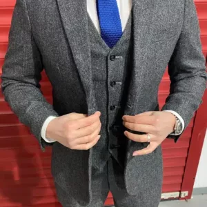 three piece tweed grey suit for men