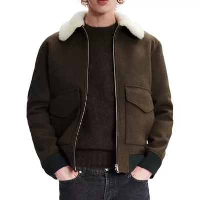 Mens Brown Wool Jacket With Shearling Collar