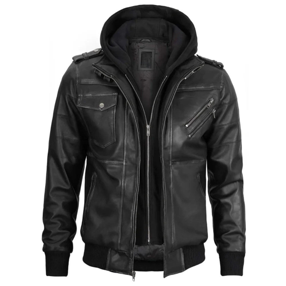 Black Leather Jacket with Removable Hood