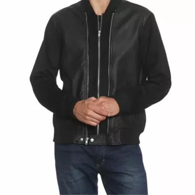 Men Leather Bomber Jacket Black | Zipped Bomber Jacket for Men