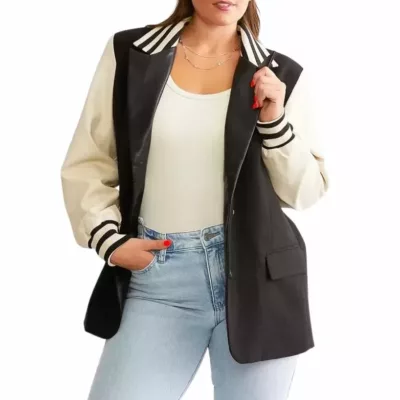 womens black wool varsity jacket with white leather sleeves
