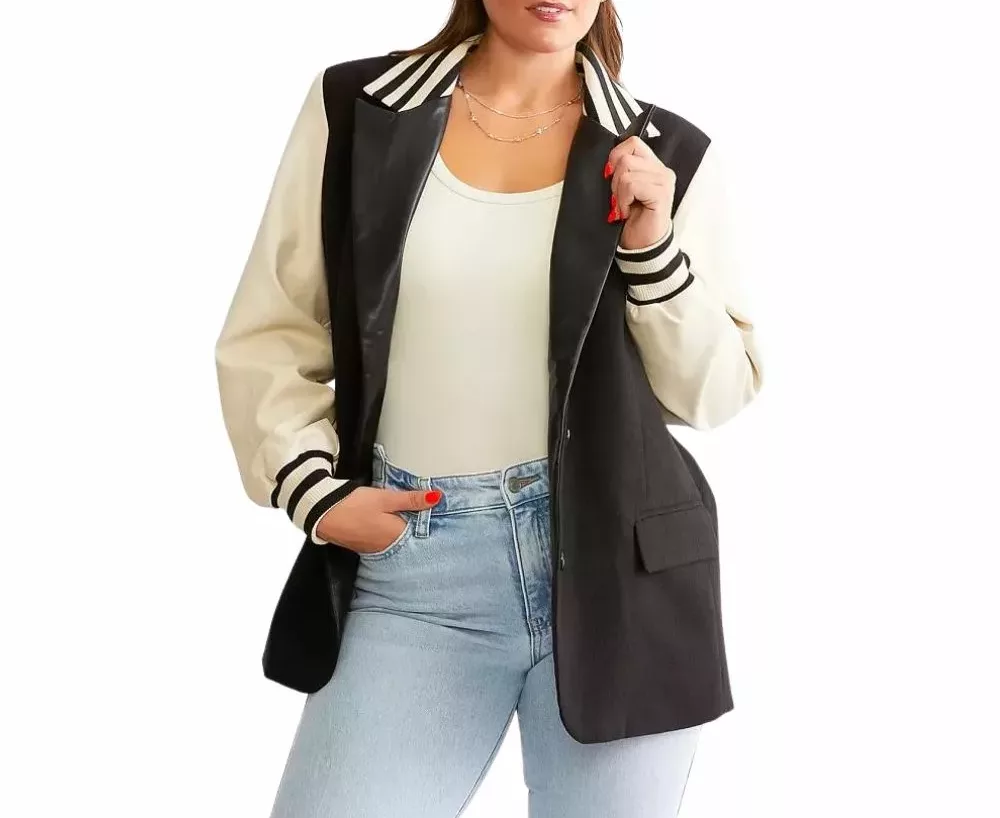 womens black wool varsity jacket with white leather sleeves