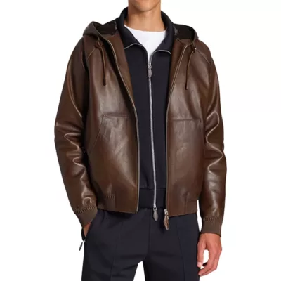 Street Wear Mens Leather Bomber Jacket | B-way Leather Hooded Jacket