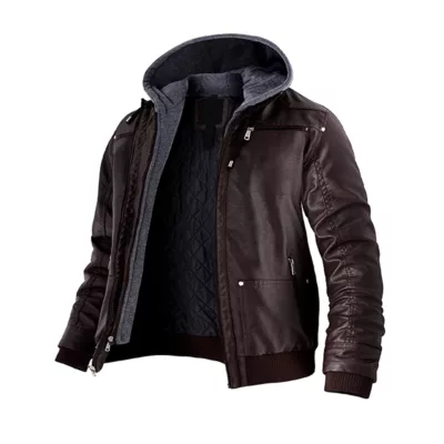 Leather Jacket with Removable Hood