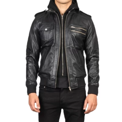 Mens Black Real Leather Jacket with Hood