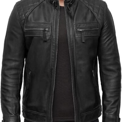 Mens Quilted Black Biker Leather Jacket