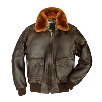 Brown Navy Flight Shearling Collar Leather Jacket For Men