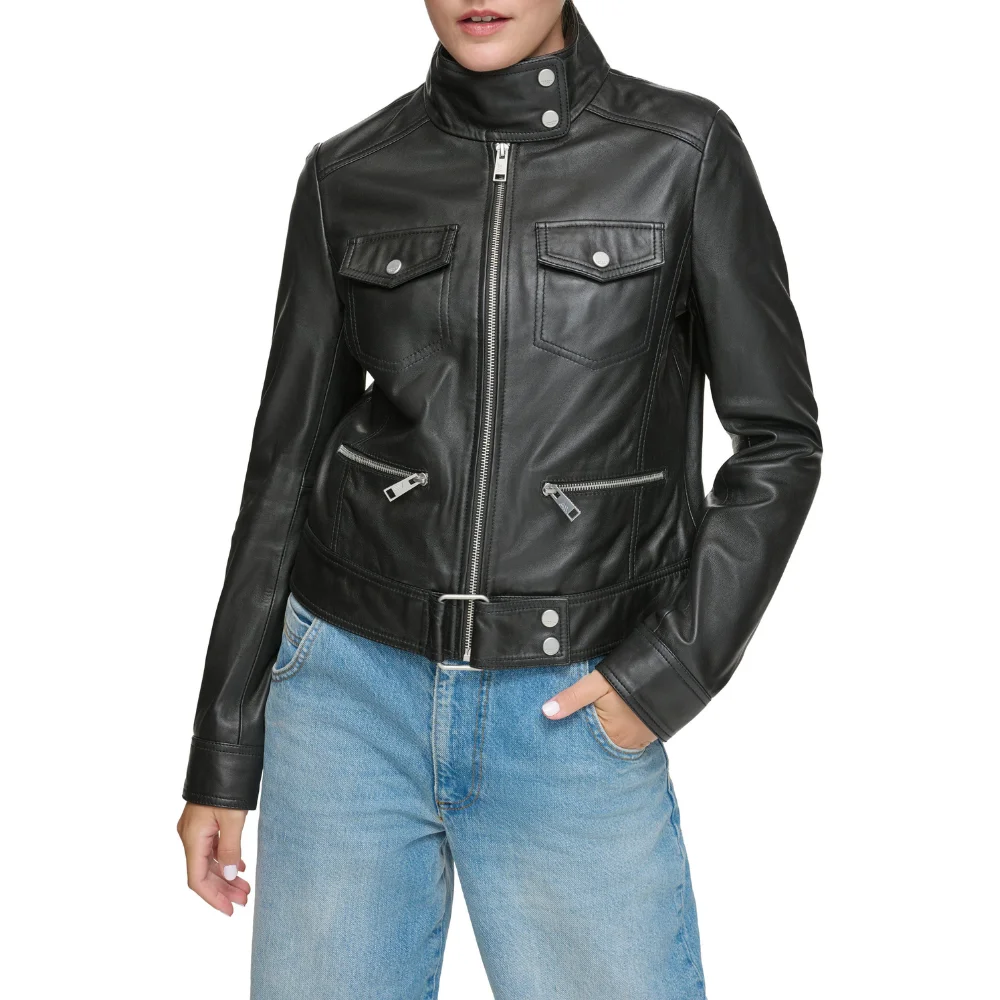 Muse Women Leather Moto Jacket In Black